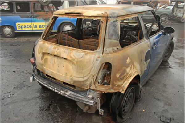 Car damage after vehicle fire